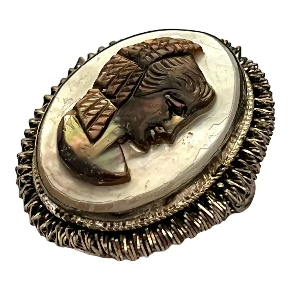 Vintage 1960s Cameo Brooch Pendant Abalone Shell Sterling Silver 925 - 8U
